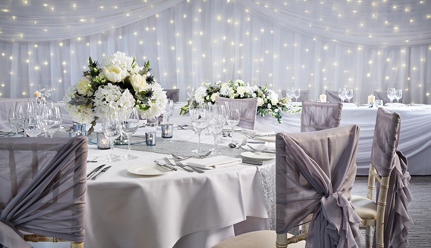 A close up of a beautiful grey themed wedding at the Alexander House Hotel, West Sussex