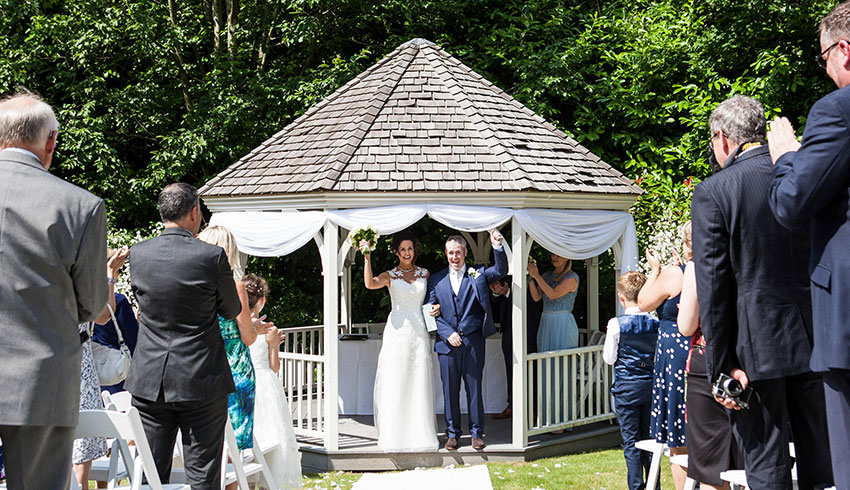The outdoor wedding ceremony venue at the Alexander House Hotel, West Sussex