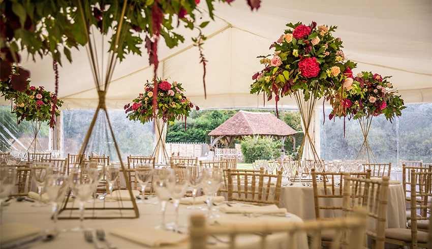 A beautiful marquee set up at Battel Hall, a Kent wedding venue located on the Leeds Castle Estate