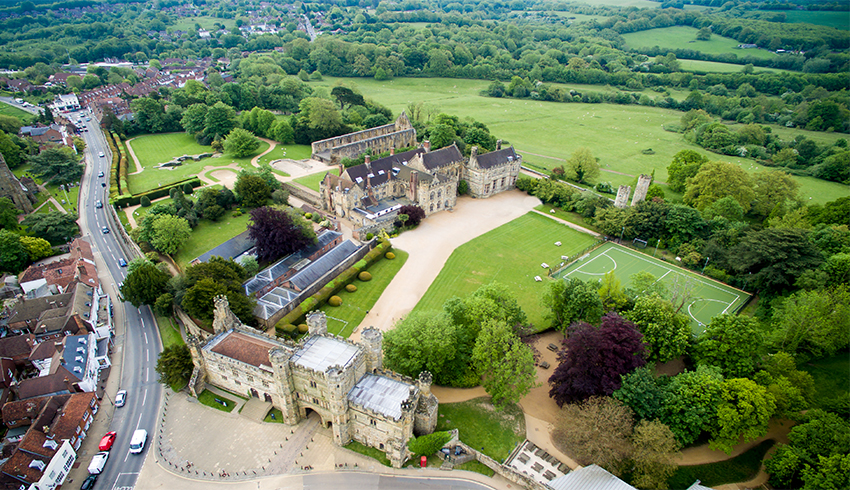 Aerial View of the grounds of Battle Abbey, a wedding venue in East Sussex