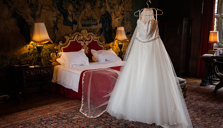 Wedding dress in Great Fosters bridal Suite