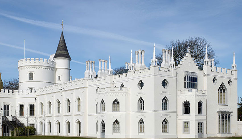 The outside of Strawberry Hill House, a white gothic castle wedding venue in London