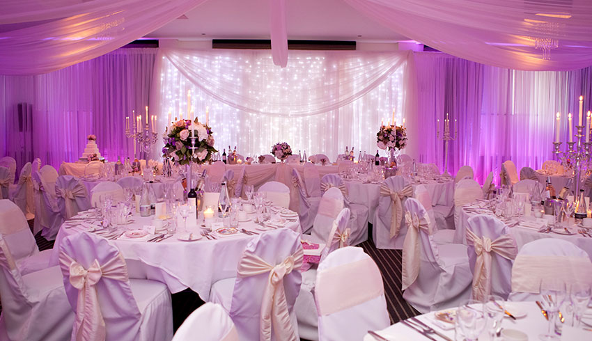 The stunning wedding reception set up at the Crowne Plaza Felbridge