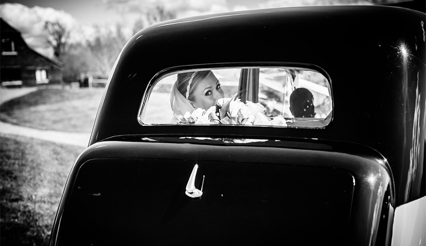 A bride arriving for her wedding at the Milwards Estate, a wedding venue in East Sussex