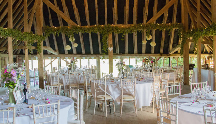 A pretty wedding reception set up at the Sussex Barn, Hellingly